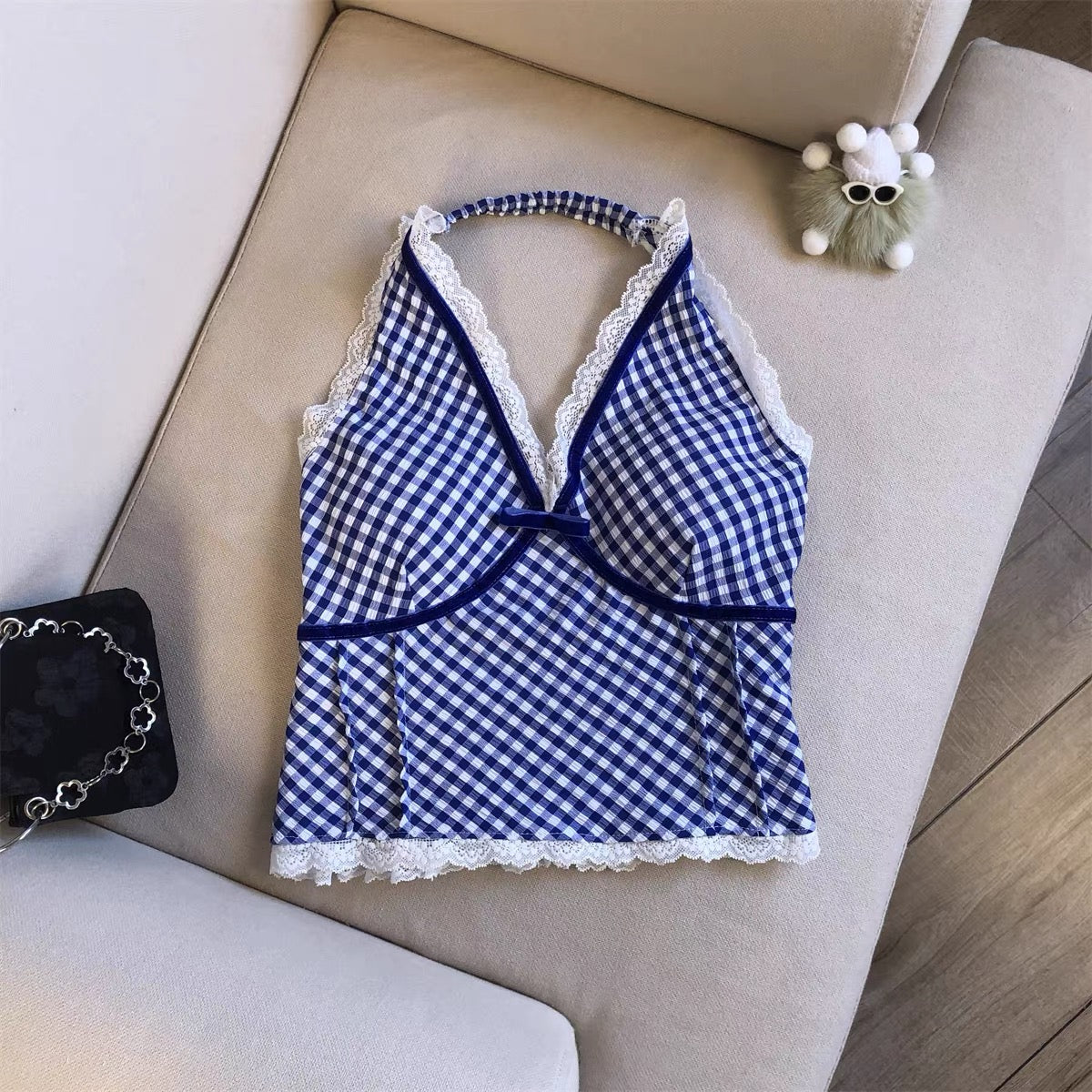 Check Halter Neck Built-In Bra Top