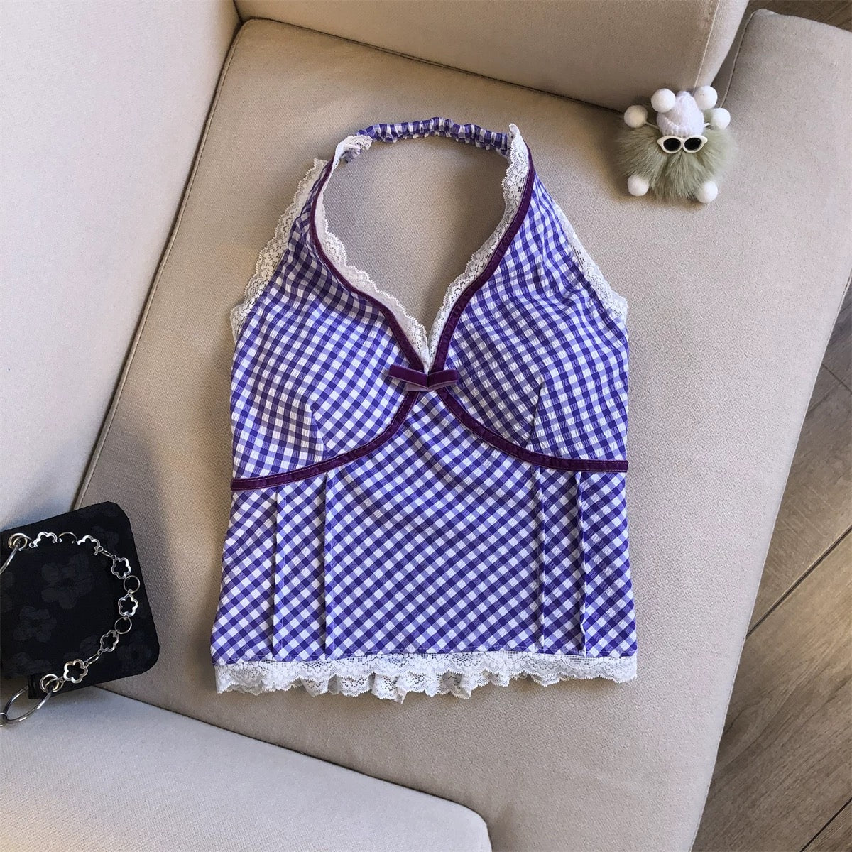 Check Halter Neck Built-In Bra Top