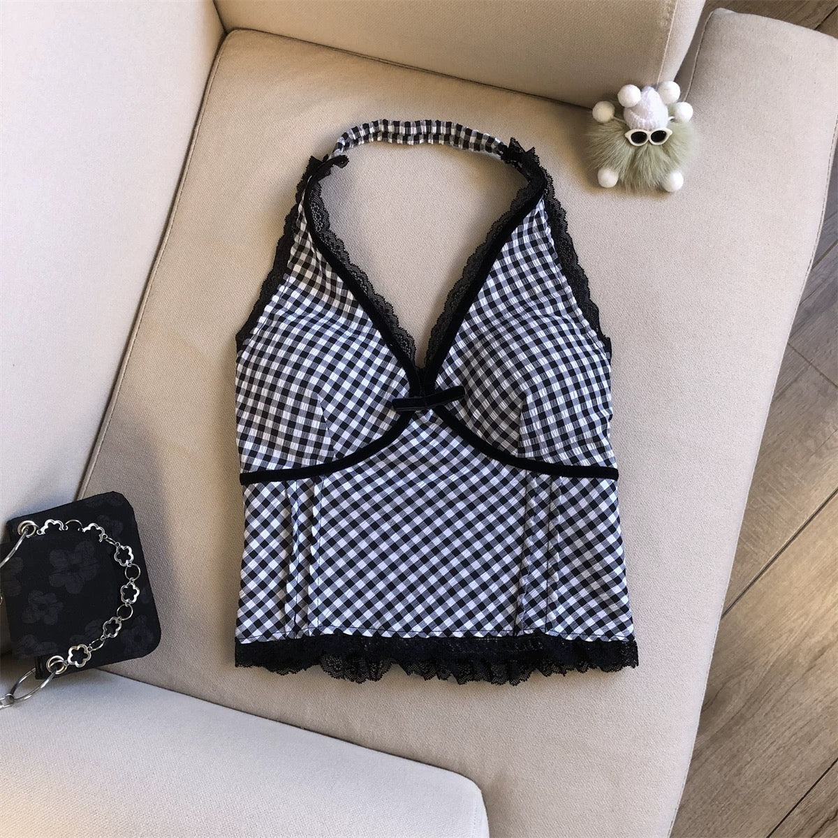 Check Halter Neck Built-In Bra Top