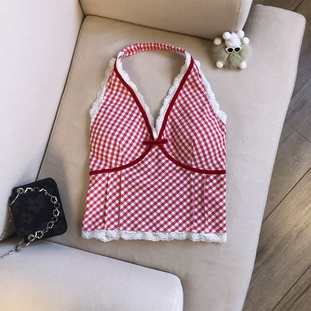 Check Halter Neck Built-In Bra Top