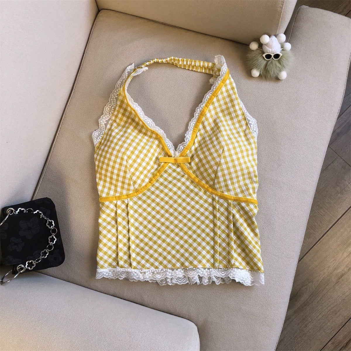 Check Halter Neck Built-In Bra Top