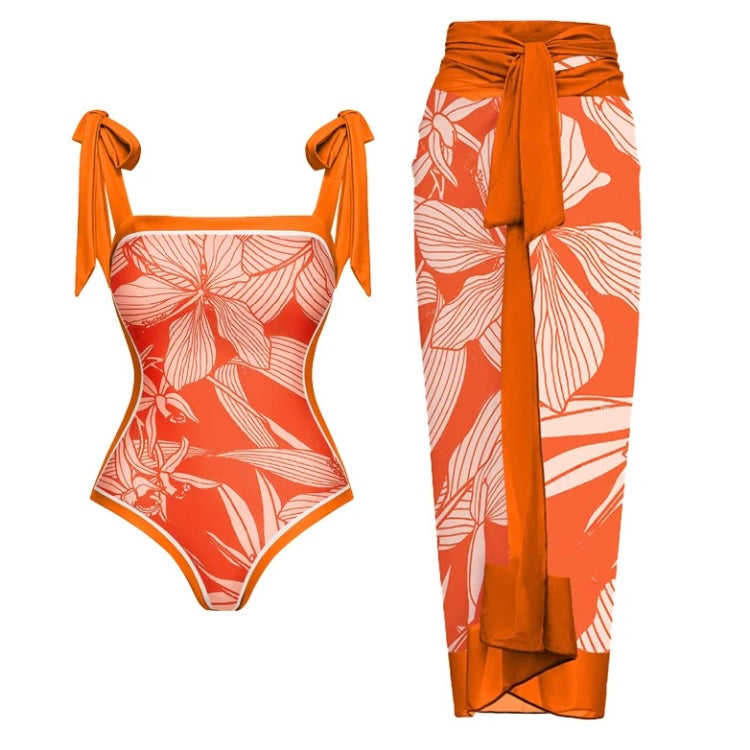 Tangerine Floral Bikini And Sarong Set