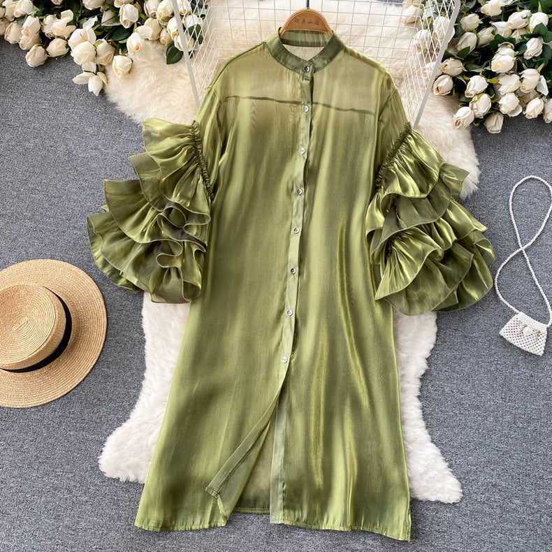 Cascading Ruffles Sleeves Shirt Dress