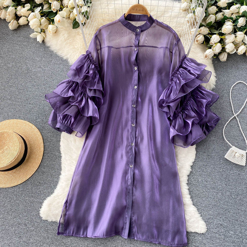 Cascading Ruffles Sleeves Shirt Dress