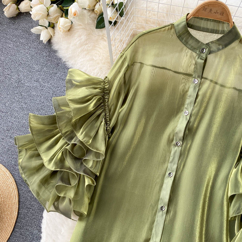 Cascading Ruffles Sleeves Shirt Dress