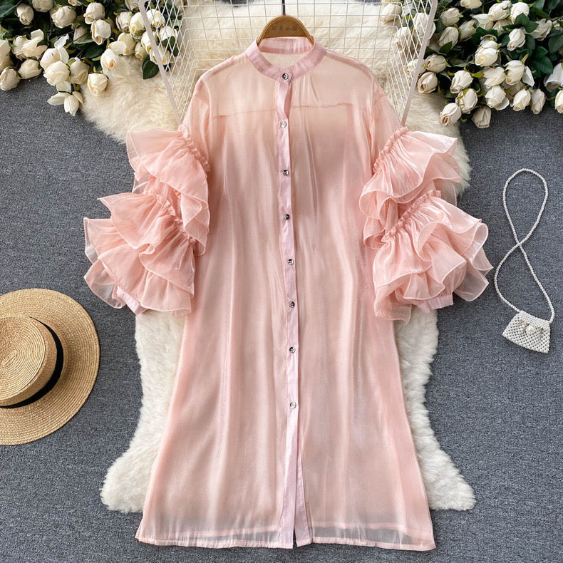 Cascading Ruffles Sleeves Shirt Dress
