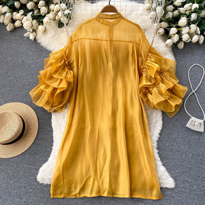 Cascading Ruffles Sleeves Shirt Dress
