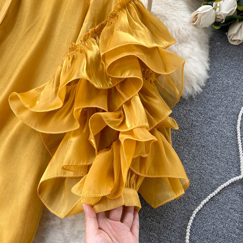 Cascading Ruffles Sleeves Shirt Dress