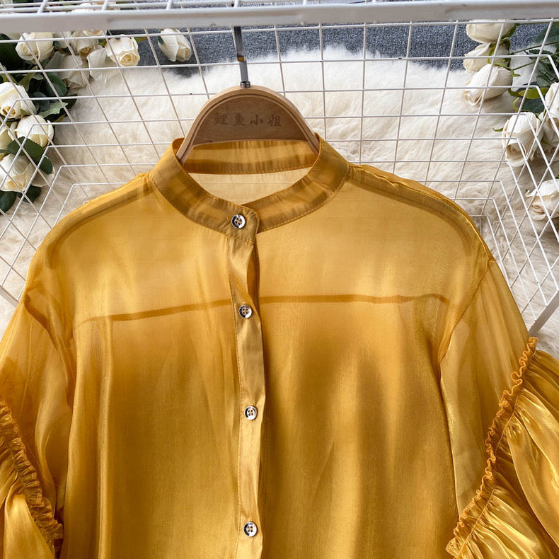 Cascading Ruffles Sleeves Shirt Dress