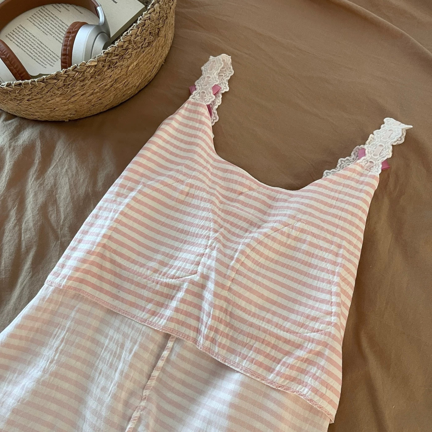 Pink Stripe Lace Padded Nightsuit Set