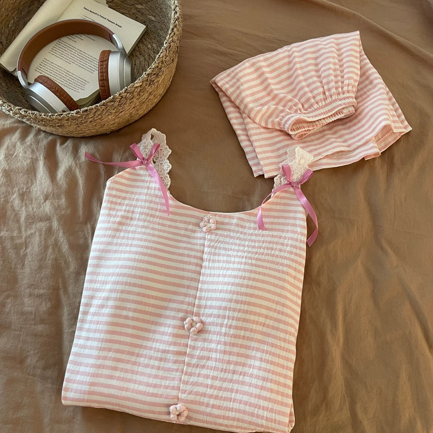 Pink Stripe Lace Padded Nightsuit Set