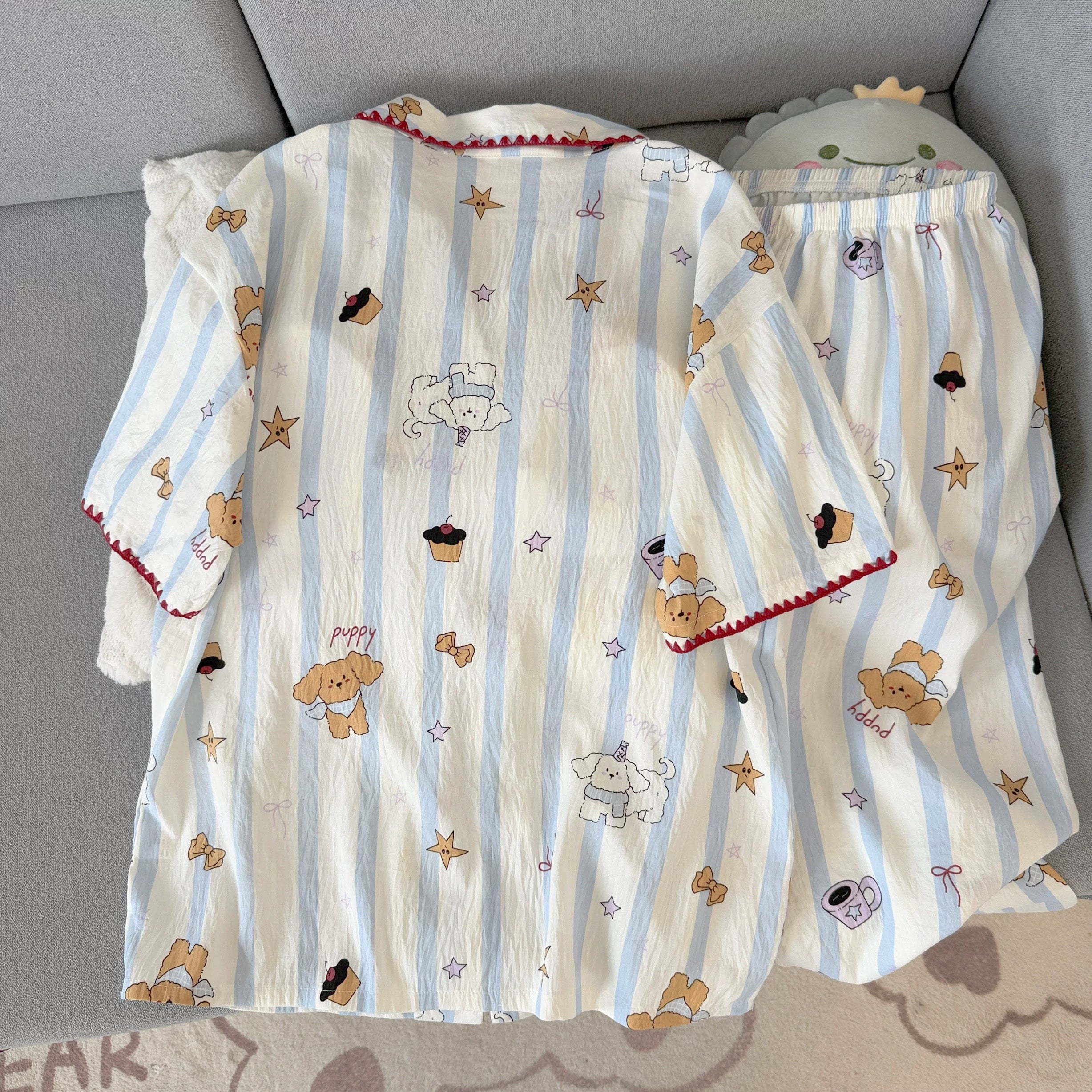 Blue Stripe Puppy Padded Nightsuit - 3pc set