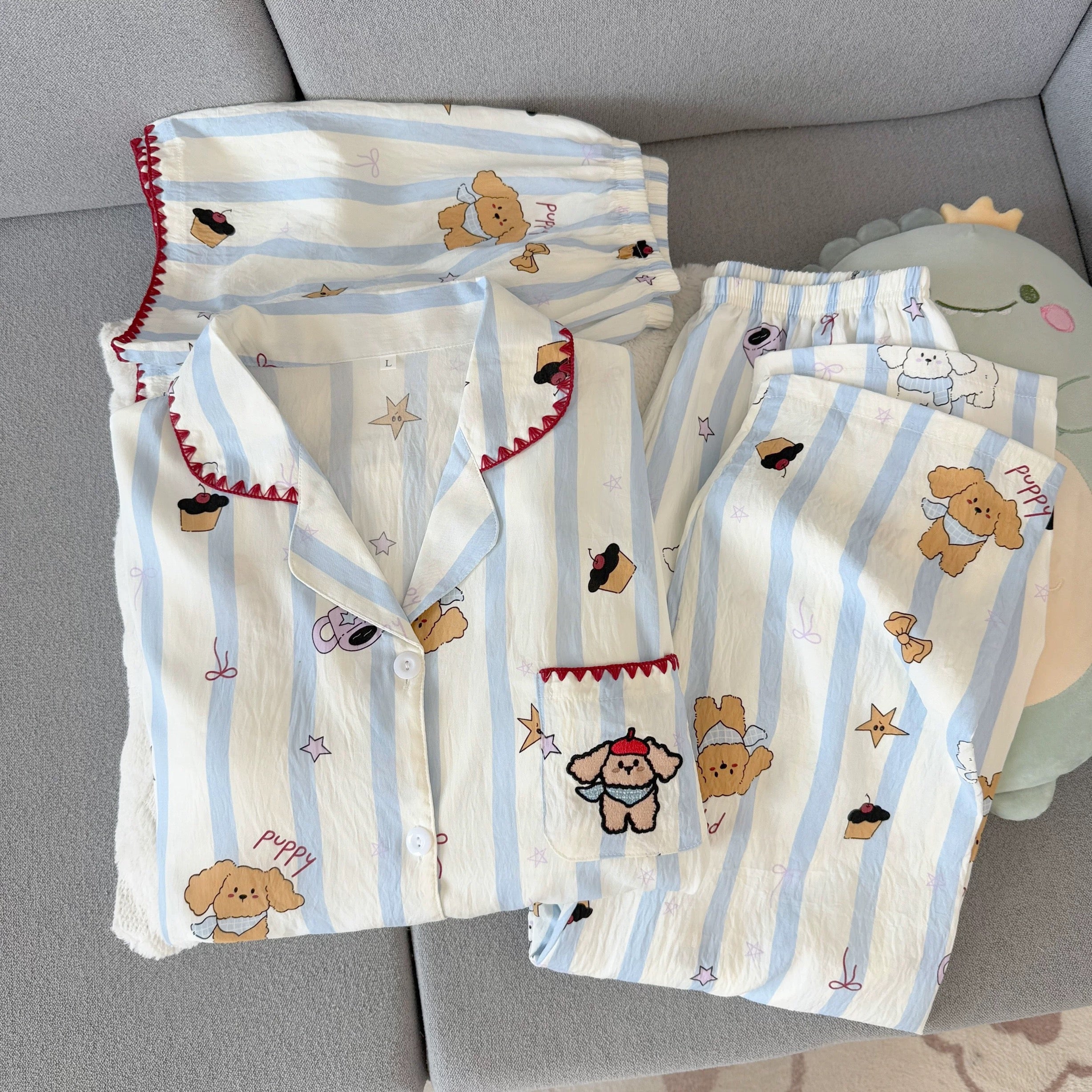 Blue Stripe Puppy Padded Nightsuit - 3pc set