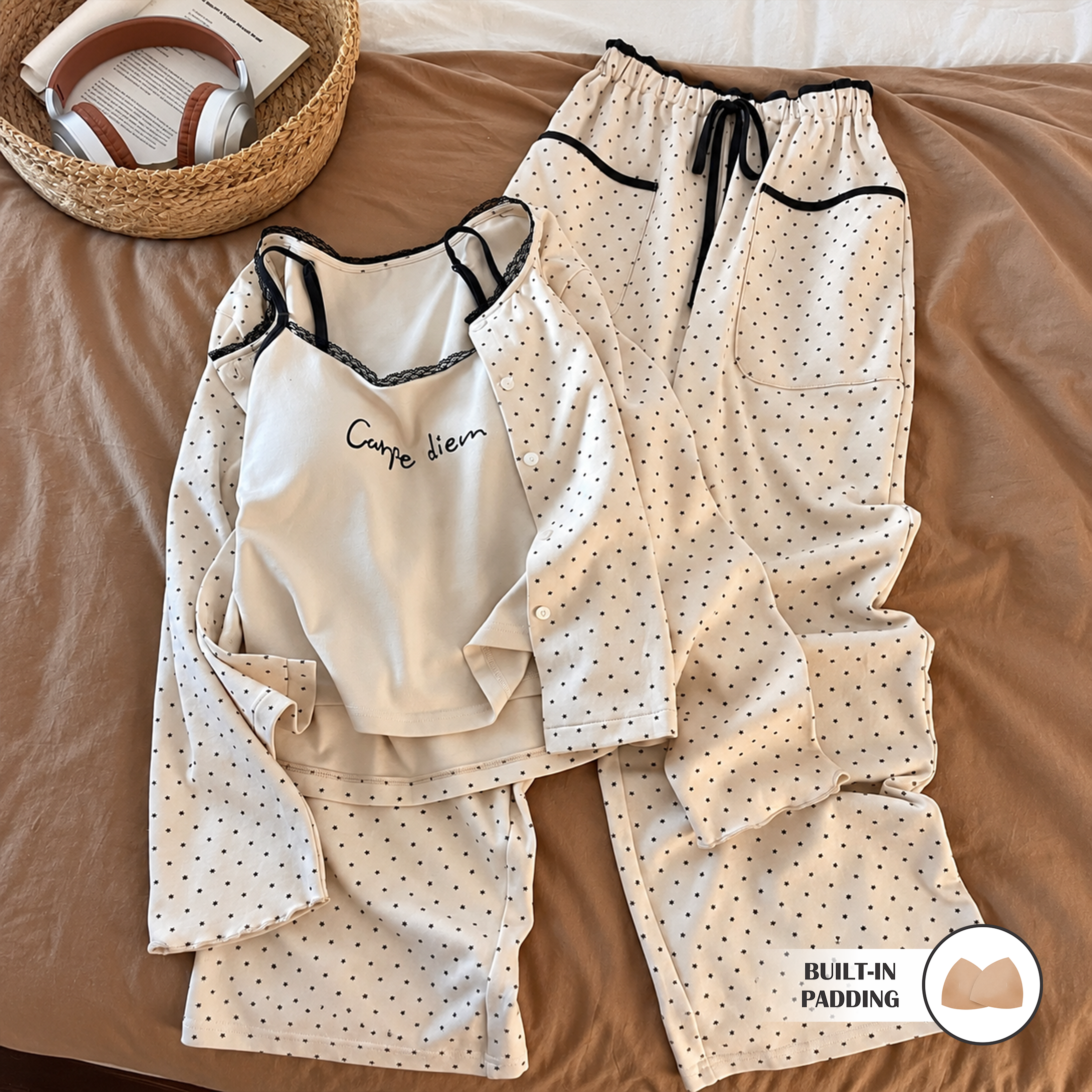 Carpe Diem Polka Dot Padded Nightsuit - 3pc Set