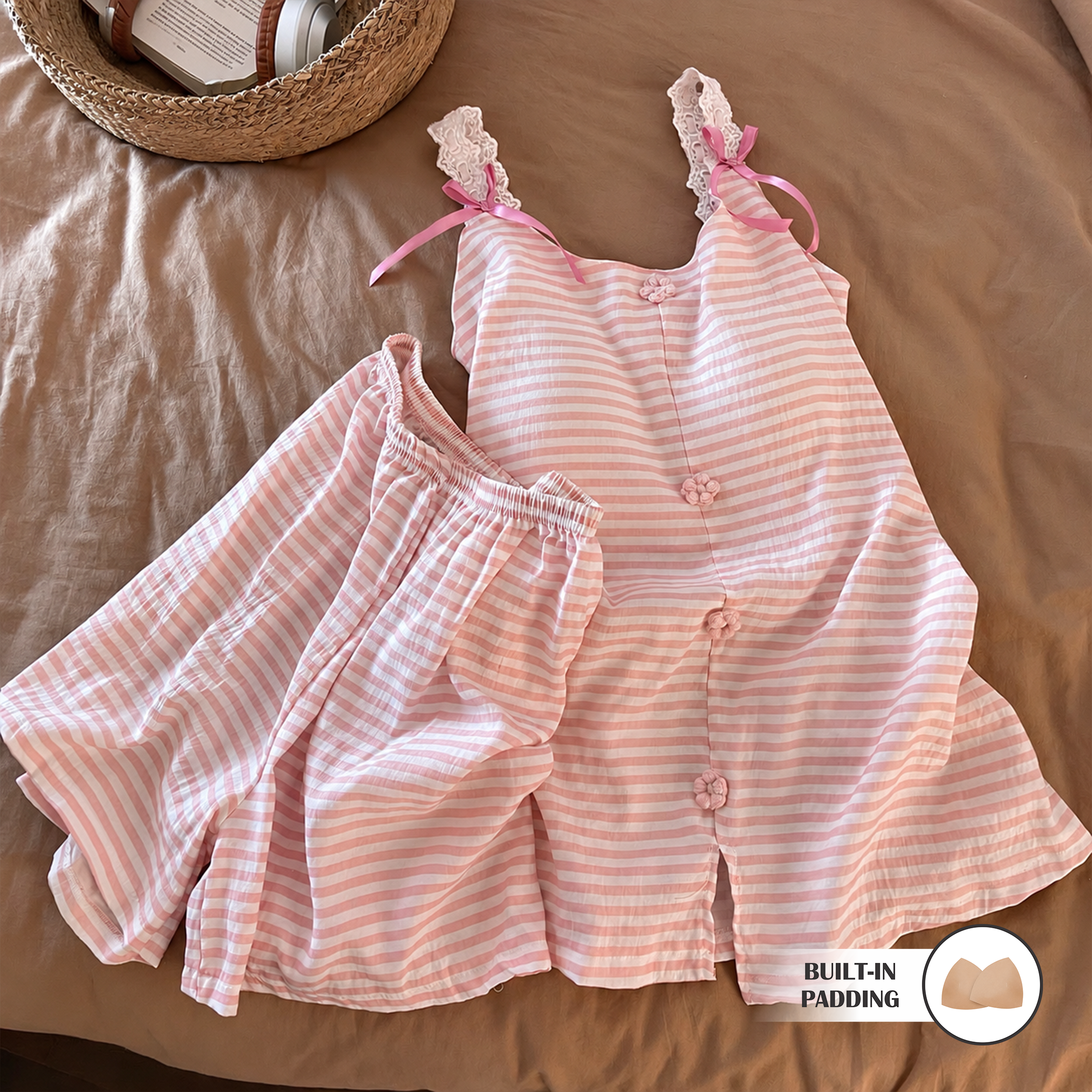 Pink Stripe Lace Padded Nightsuit Set