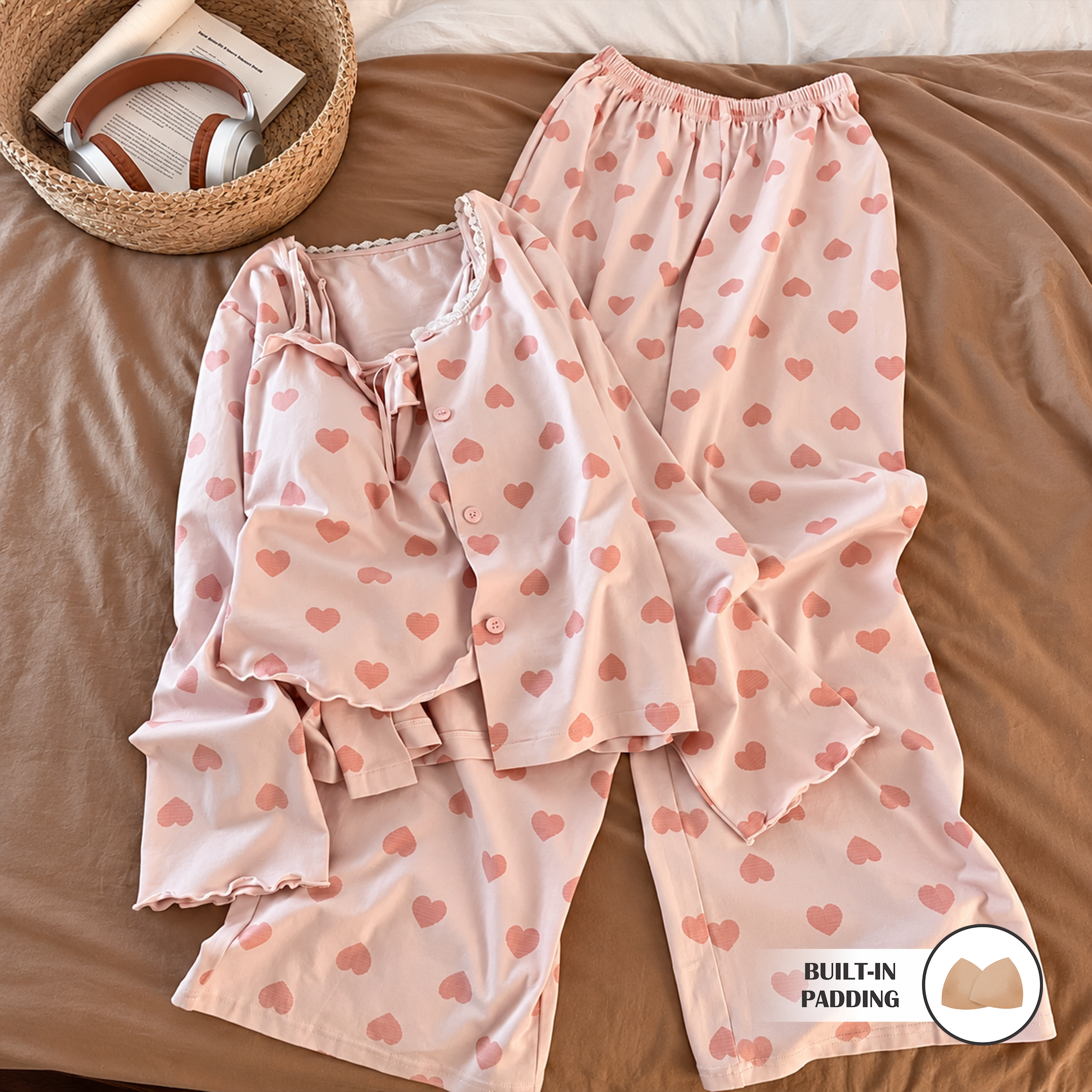 Rose Love-Heart Padded Nightsuit - 3pc Set
