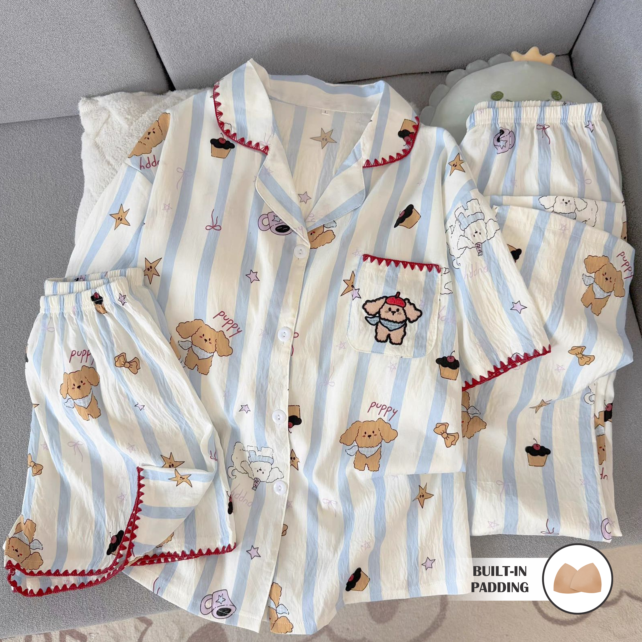 Blue Stripe Puppy Padded Nightsuit - 3pc set