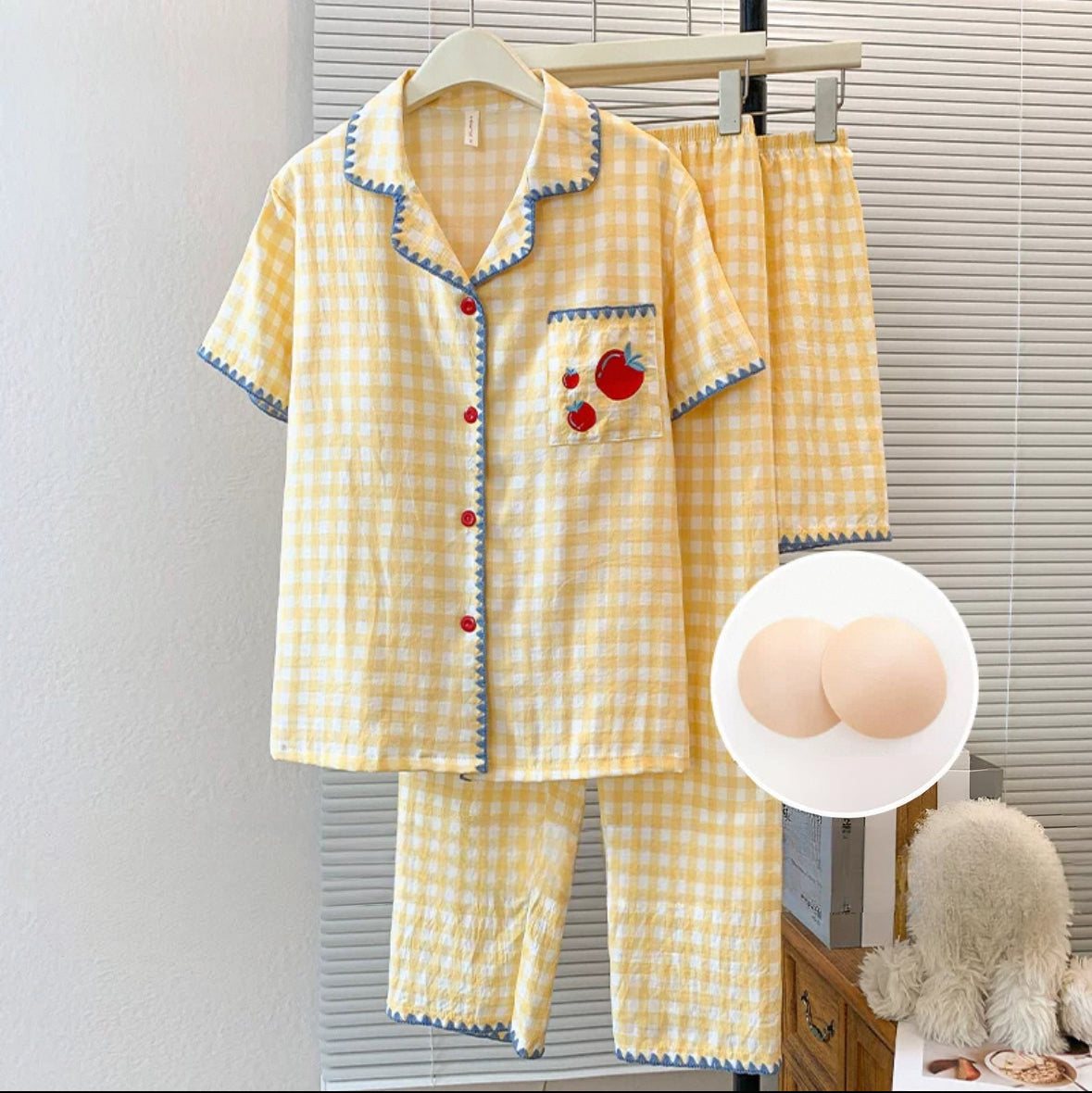 Lemon Gingham Padded Nightsuit -3pc Set