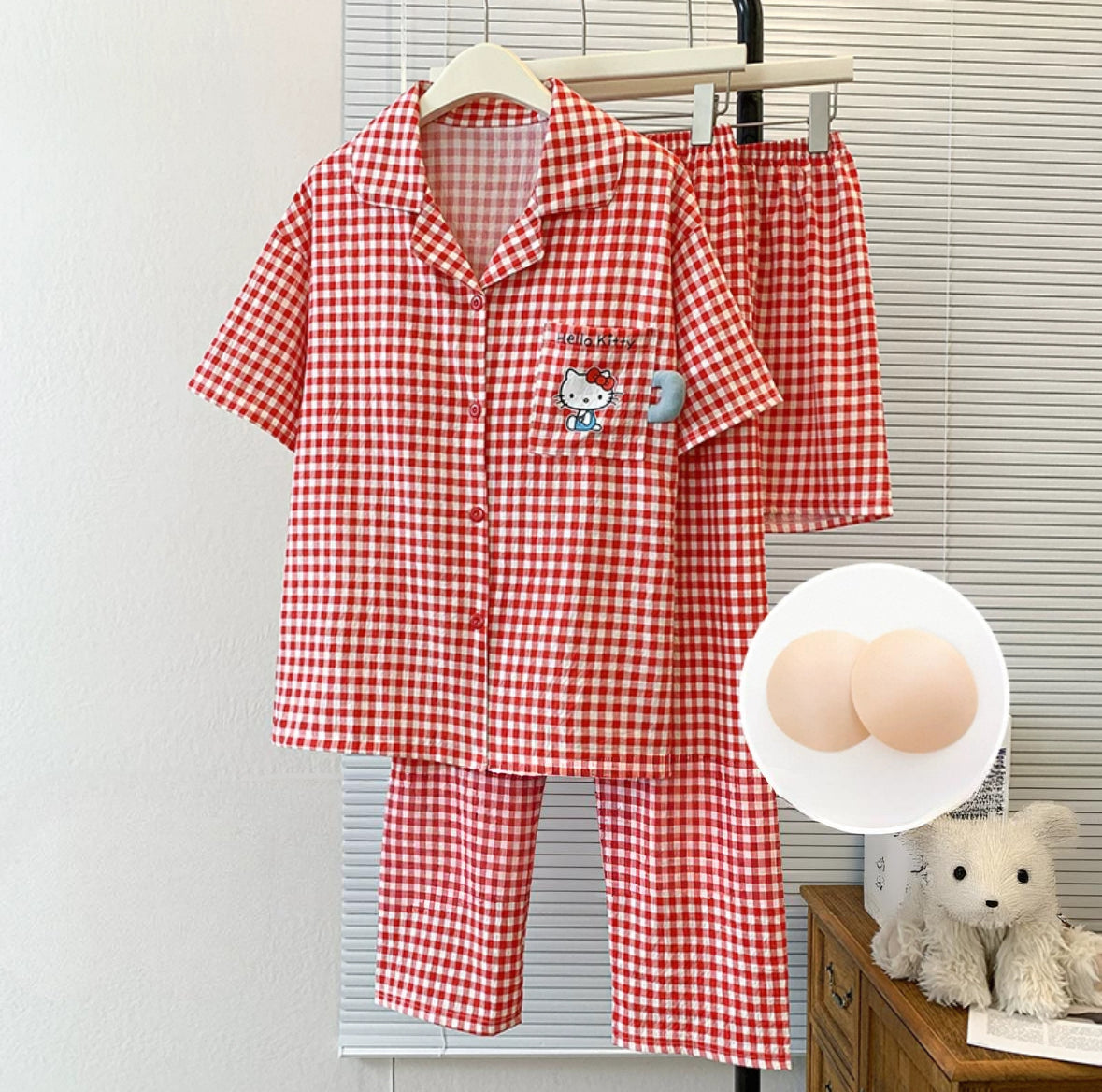 Kitty Gingham Padded Nightsuit -3pc Set