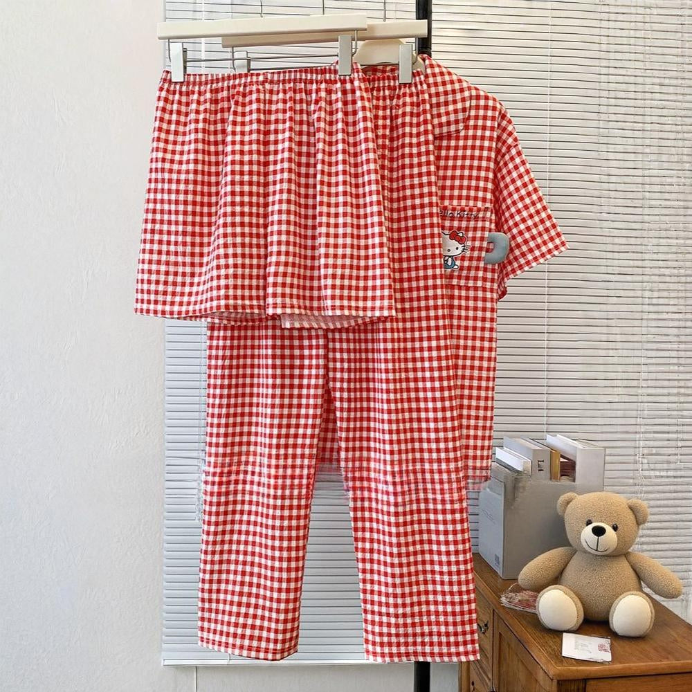 Kitty Gingham Padded Nightsuit -3pc Set