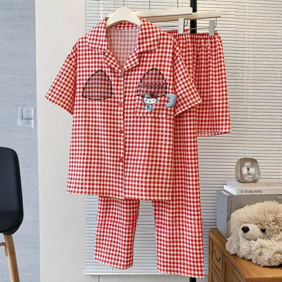 Kitty Gingham Padded Nightsuit -3pc Set