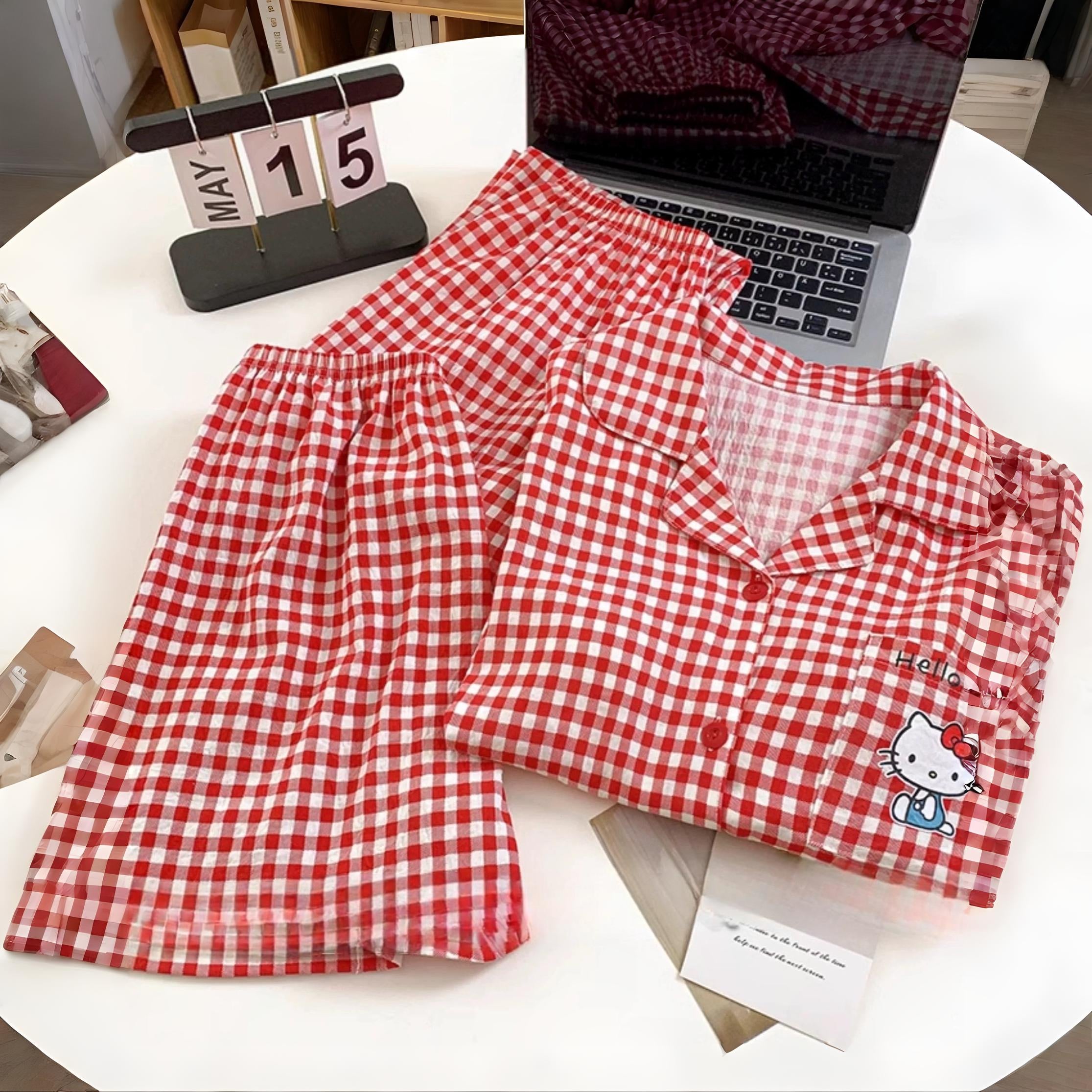 Kitty Gingham Padded Nightsuit -3pc Set