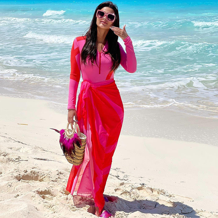 Zip-Up Full Sleeves Monokini with Sarong