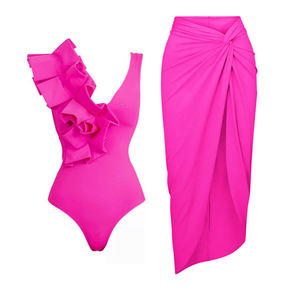 Rosy Ruffle Swimsuit With Wrap Skirt