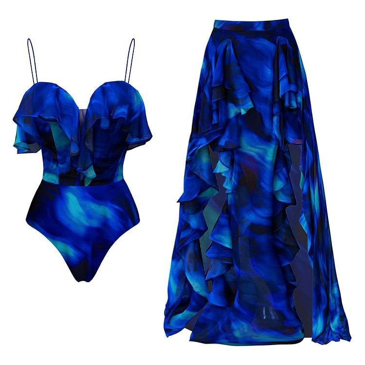 Azure Elegance Ruffle Monokini & Skirt Set