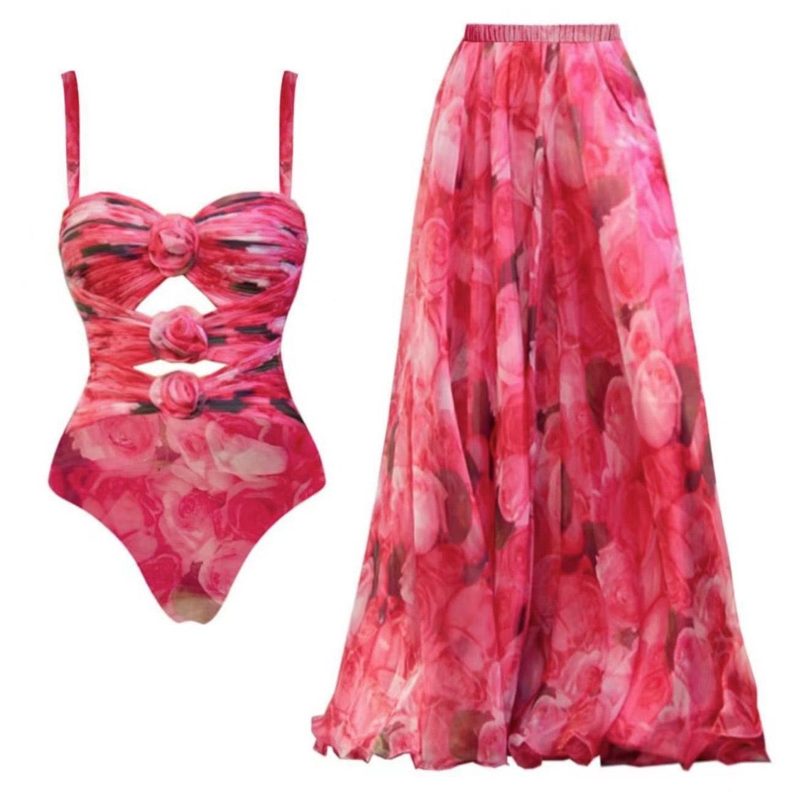 3D Rose Cut-Out Monokini with Maxi Skirt Set