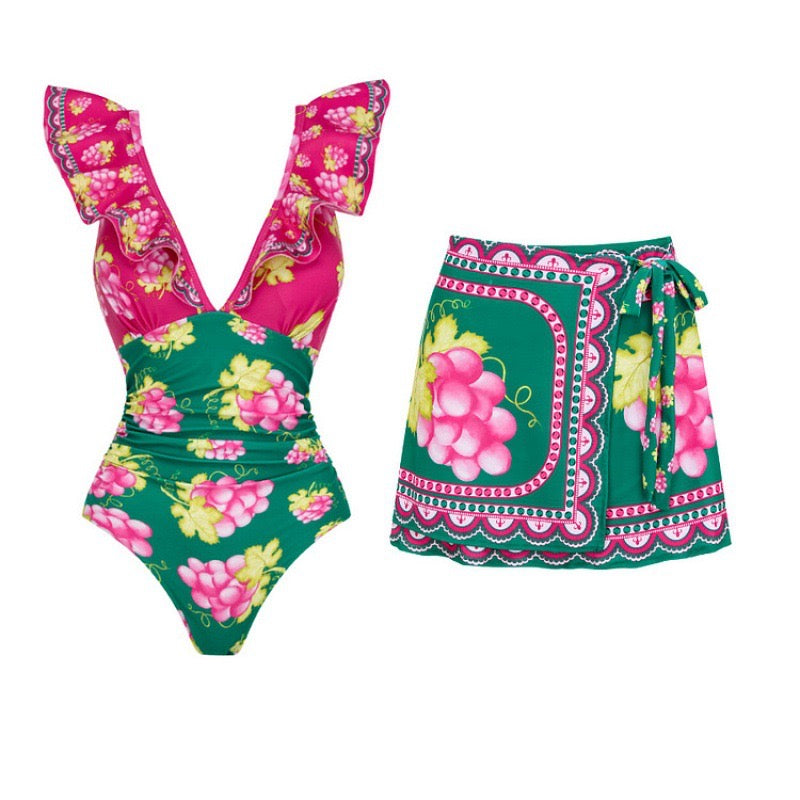 Grape Bliss Print Monokini & Wrap Skirt Set