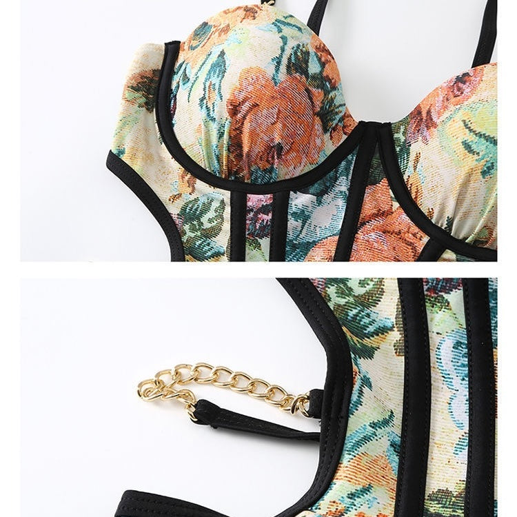 Floral Corset-Style Swimsuit with Sheer Wrap Skirt Set