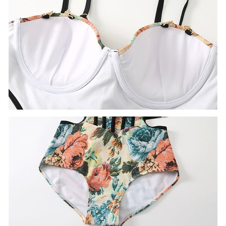Floral Corset-Style Swimsuit with Sheer Wrap Skirt Set