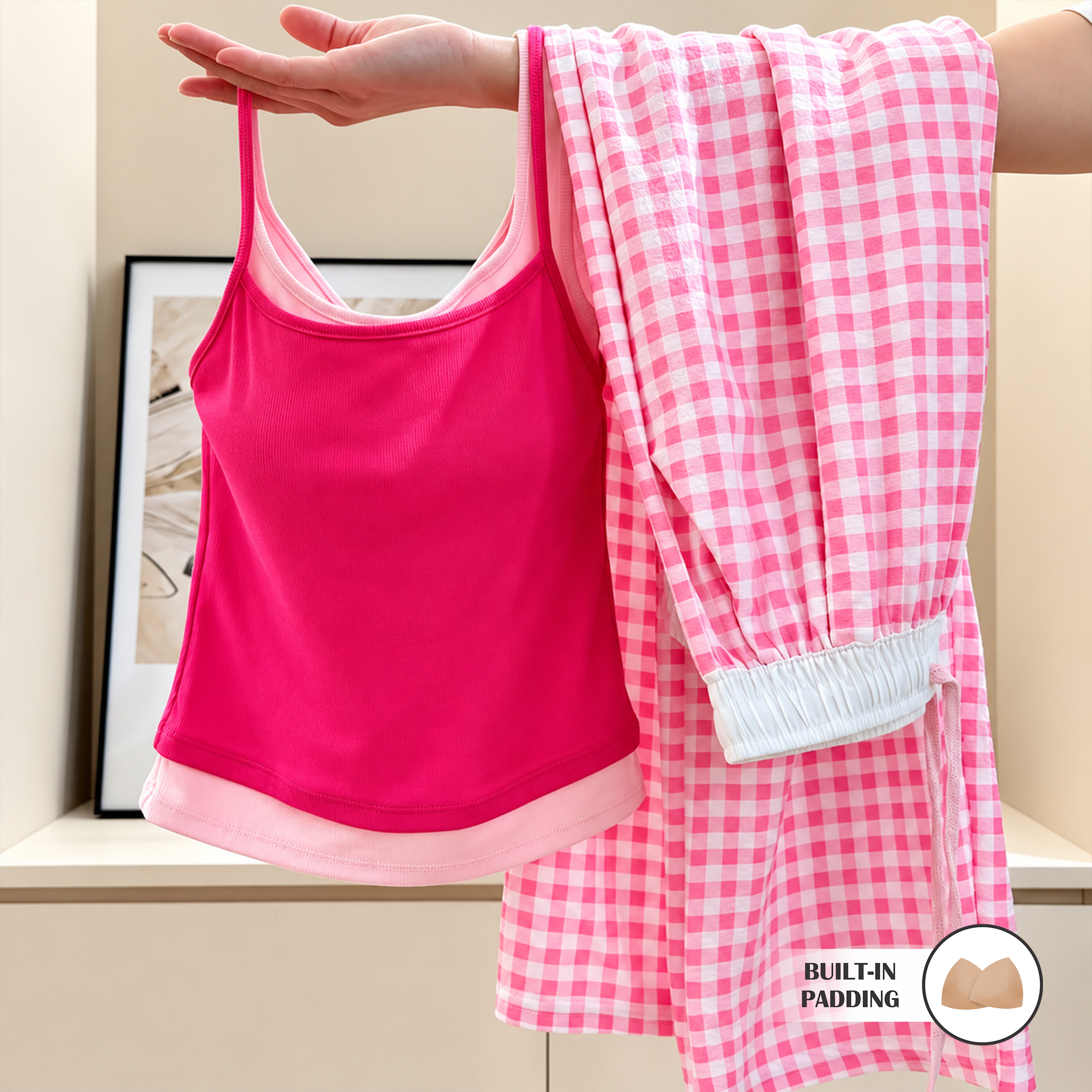 Berry Pastel Gingham Padded Lounge Set