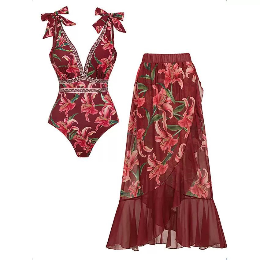 Wine Lily Monokini With Skirt Set