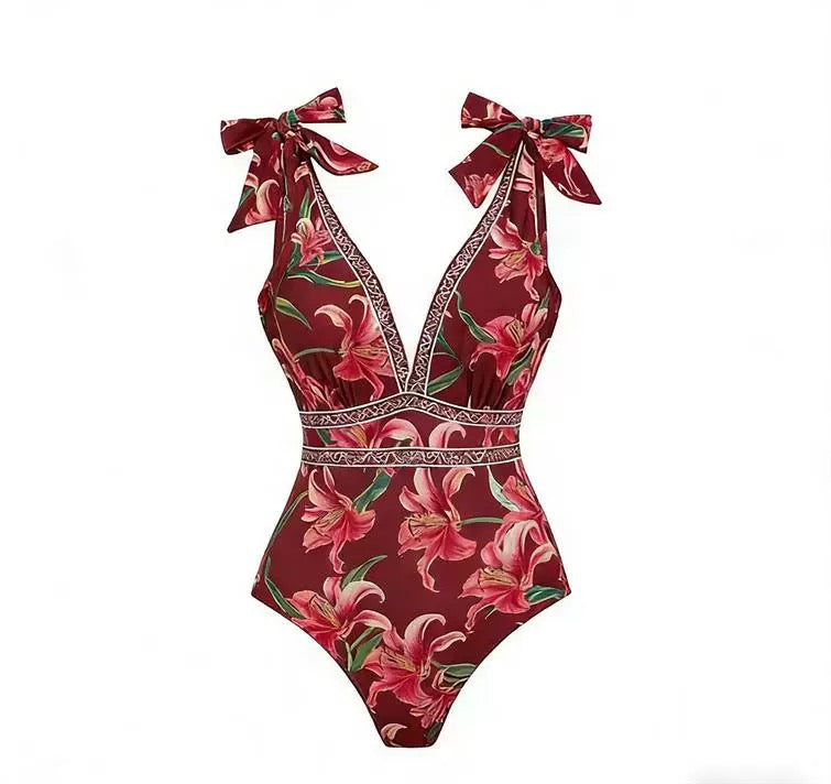 Wine Lily Monokini With Skirt Set