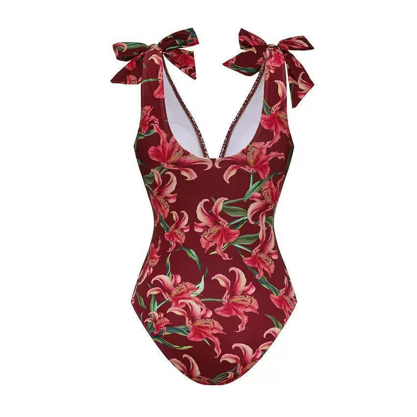 Wine Lily Monokini With Skirt Set