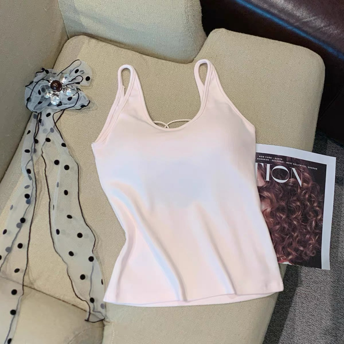 Velour Back Criss-Cross Built-in Bra Camisole