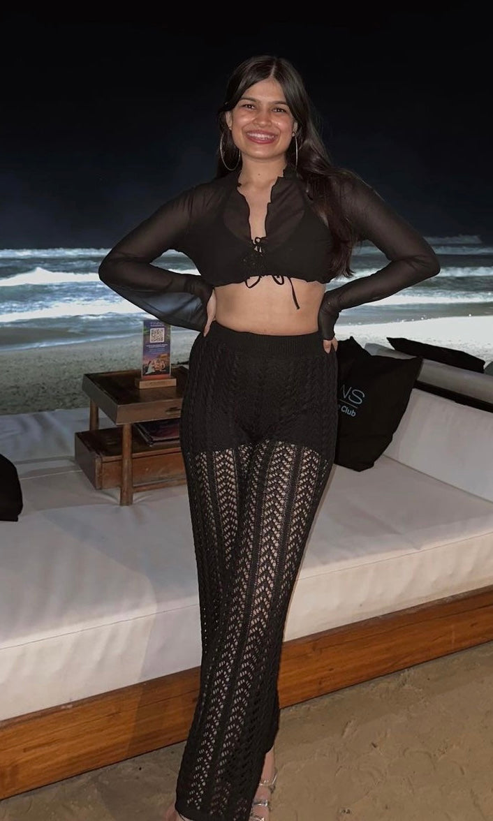 Crochet halter neck top with knitted pants set