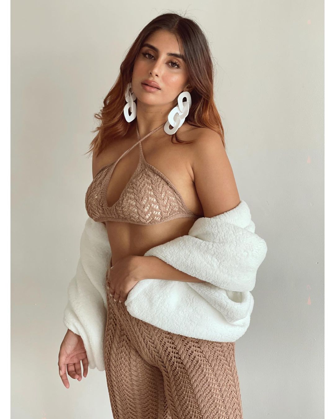 Crochet halter neck top with knitted pants set