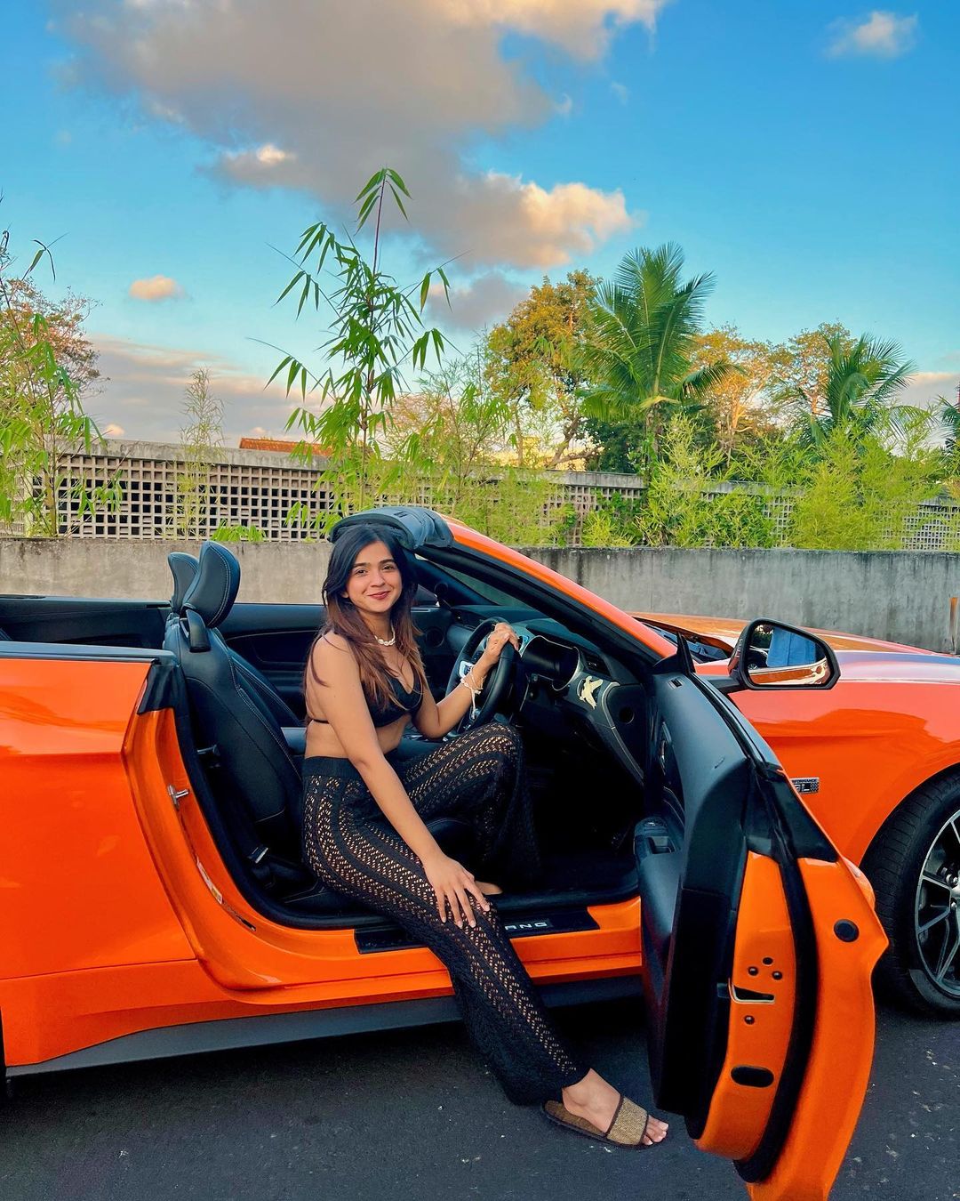 Crochet halter neck top with knitted pants set