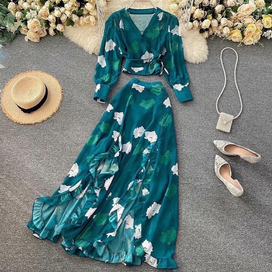 Pannkh Floral Wrap Top N Frill Split Skirt Set