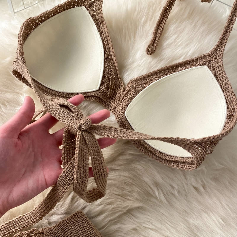 Crochet halter neck top with knitted pants set