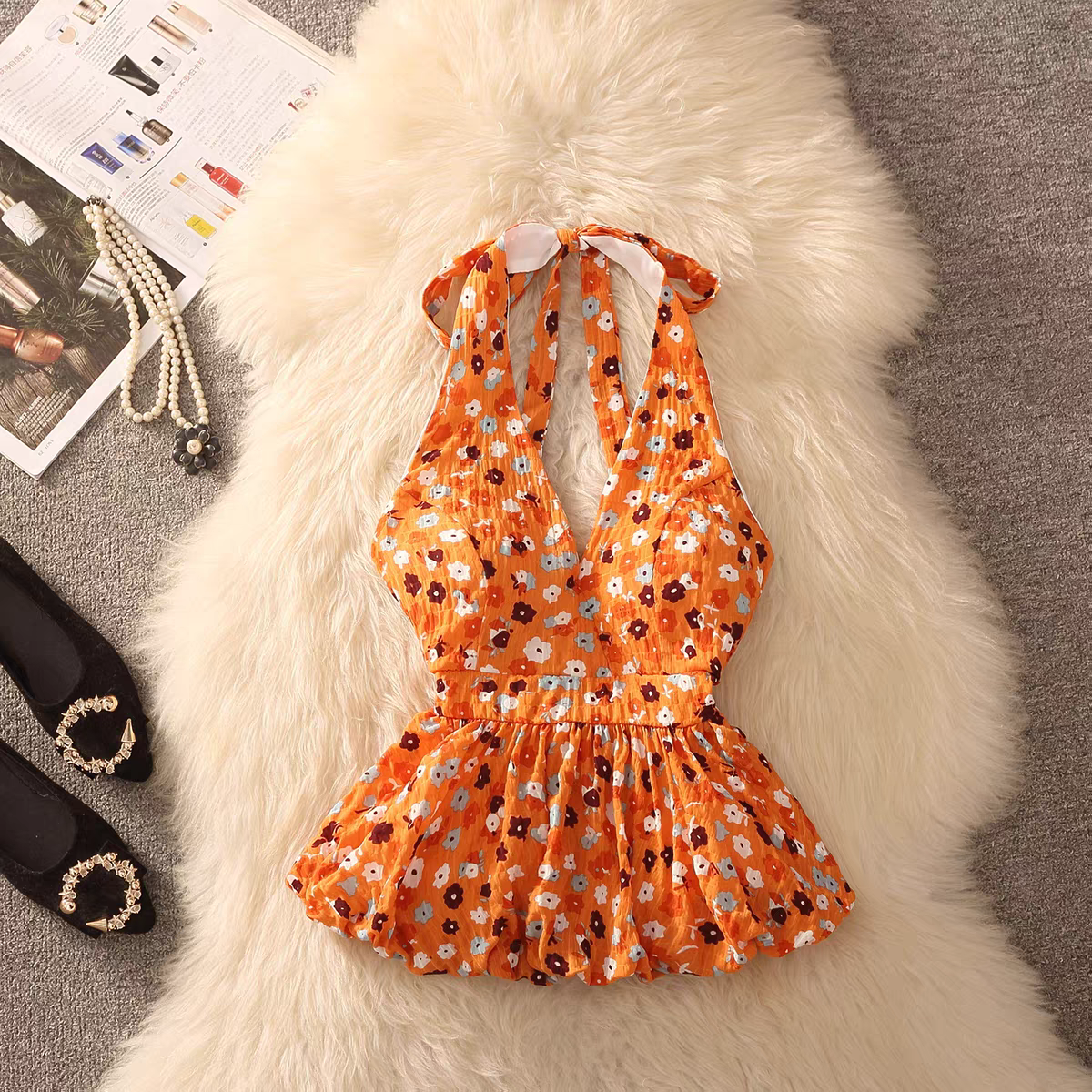 Floral Halter Built-in Bra Frill Top