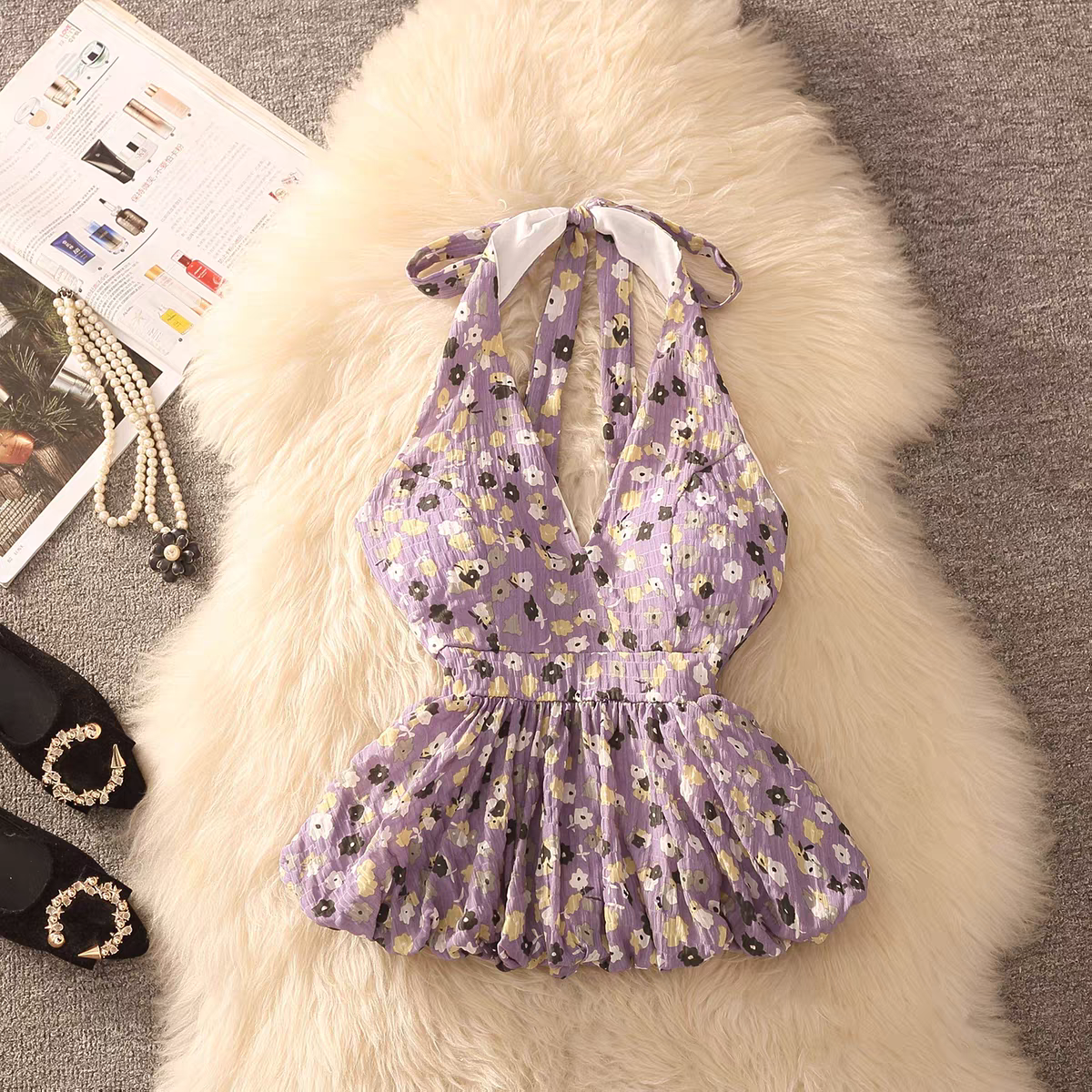 Floral Halter Built-in Bra Frill Top