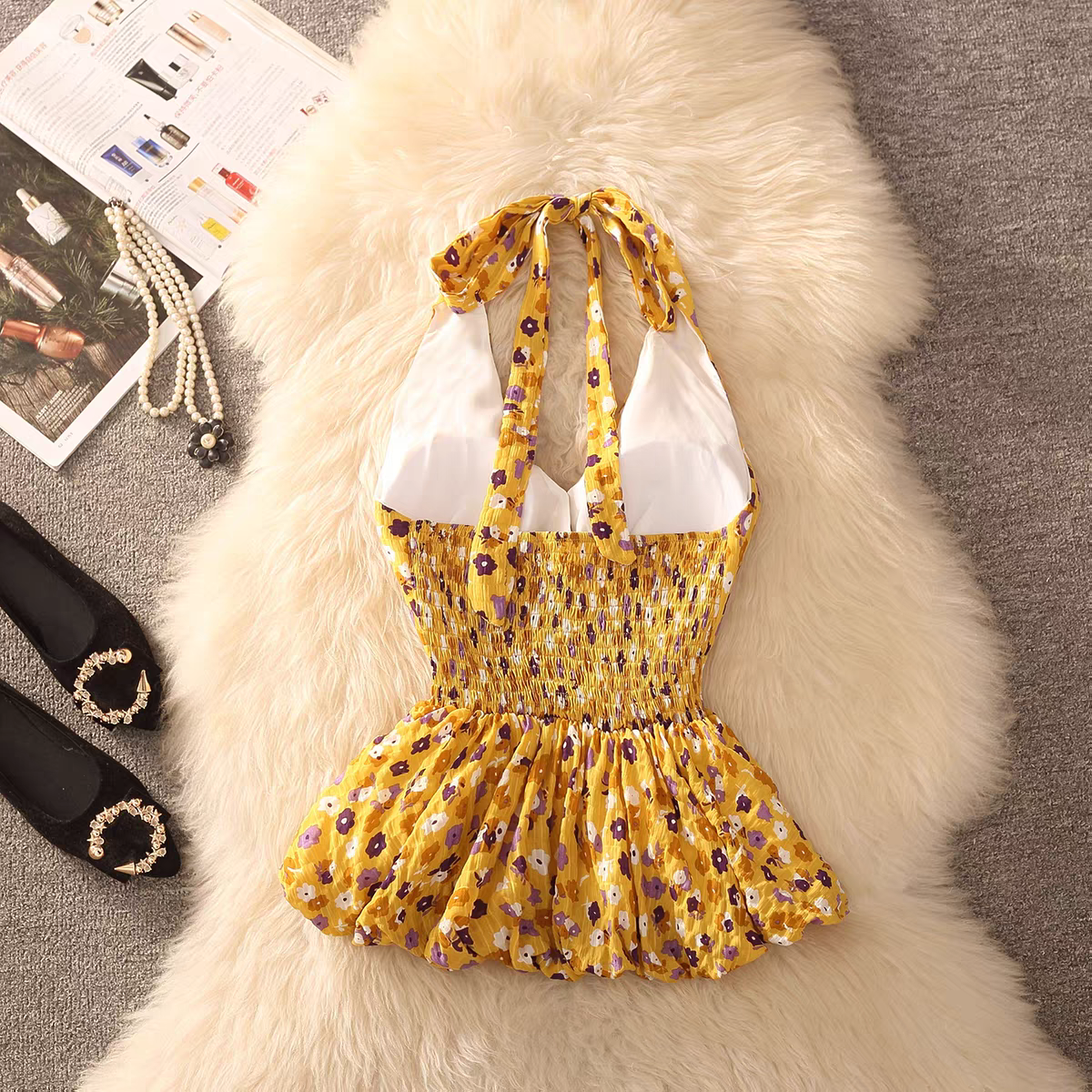 Floral Halter Built-in Bra Frill Top